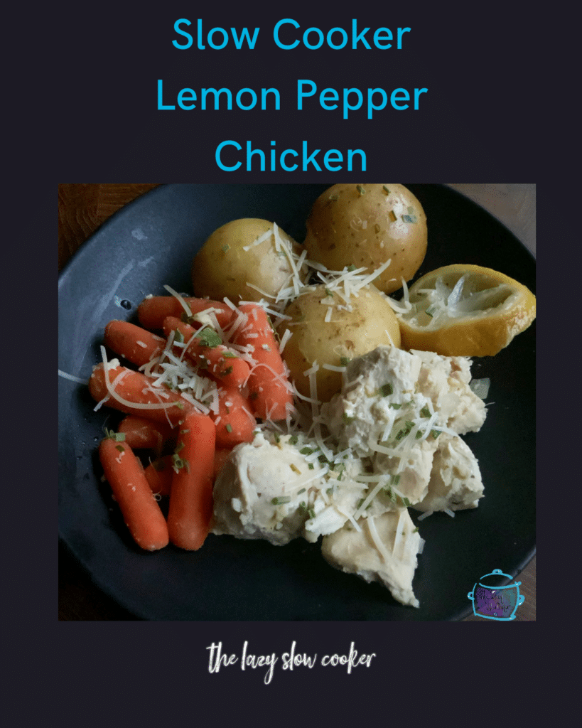 Crockpot lemon pepper chicken with veggies on a black plate