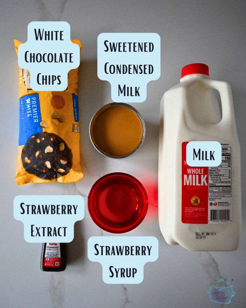 slow cooker strawberry white hot chocolate ingredients on a table with labels