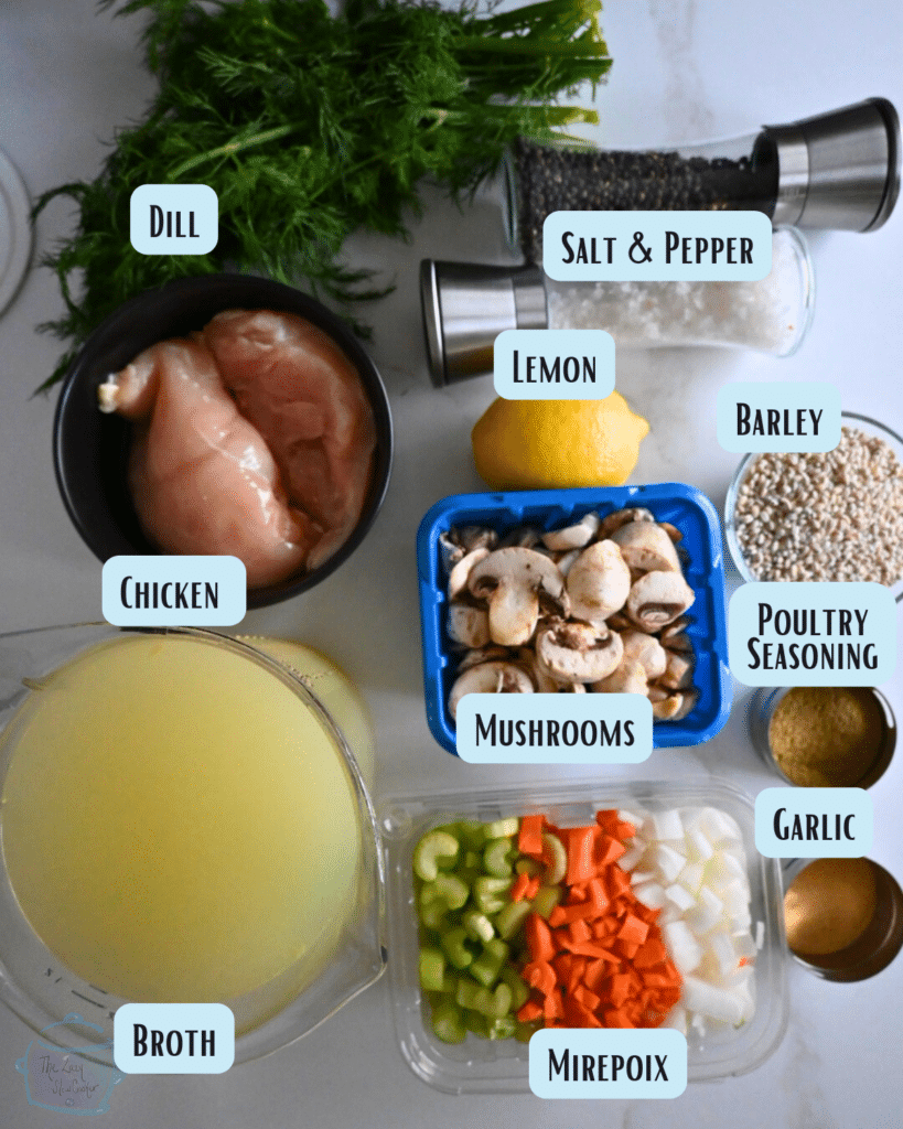 slow cooker barley and chicken soup ingredients with labels