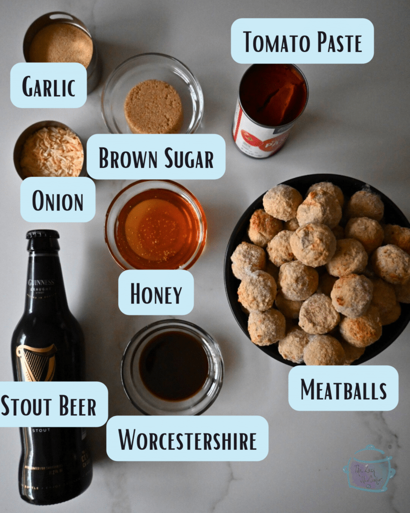 slow cooker guinness meatballs ingredients with lables