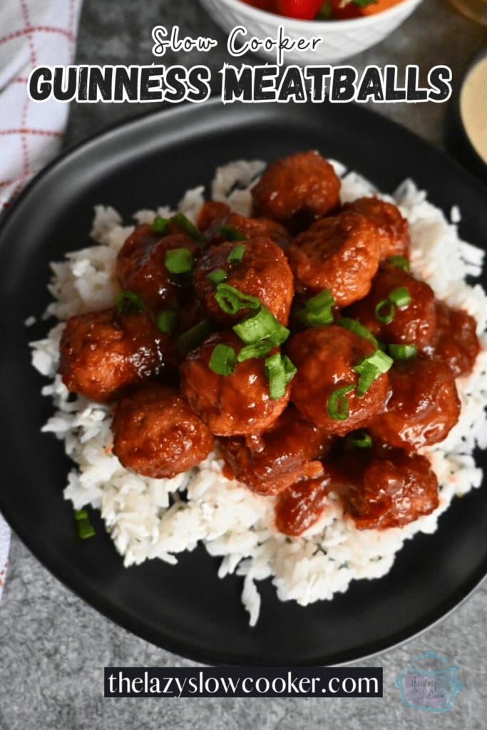 A plate of slow cooker Stout glazed meatballs on a bed of white rice
