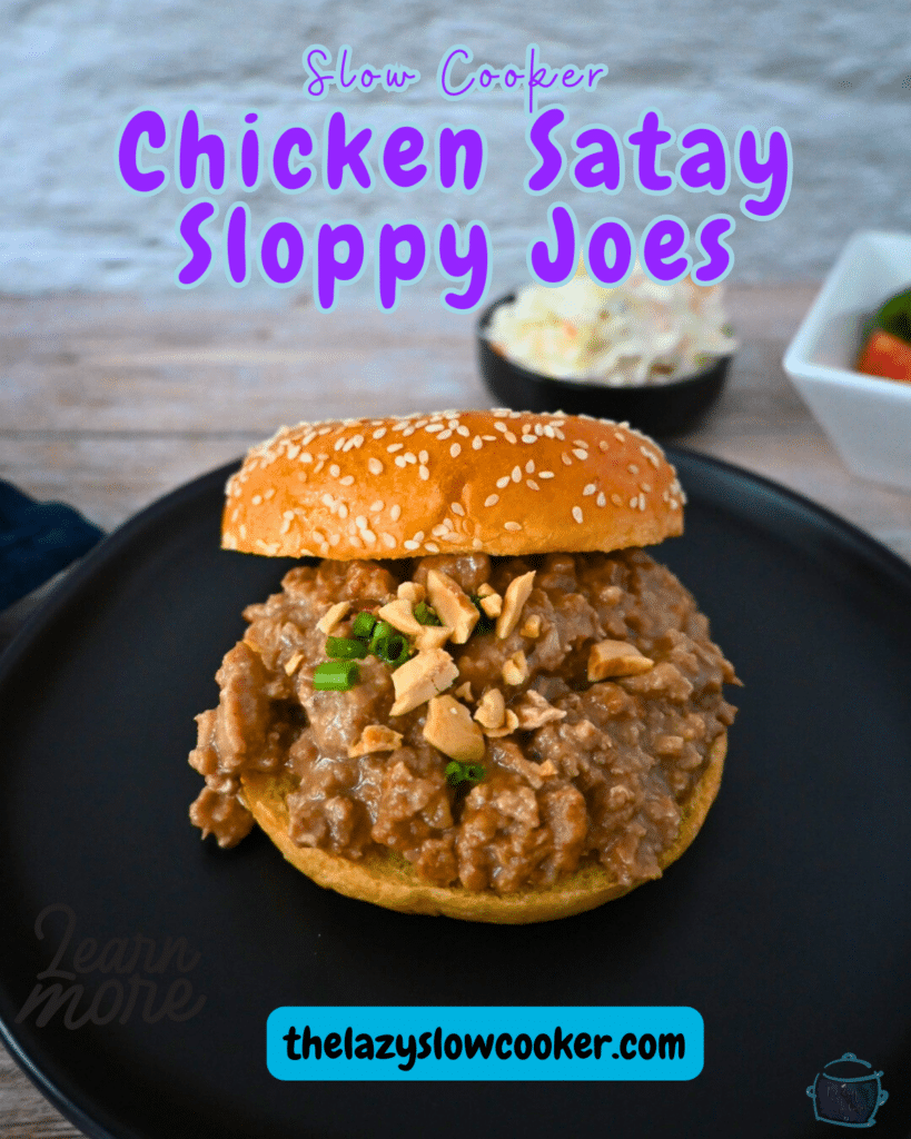 chicken satay sloppy joe on a sesame seed bun with coleslaw in the background