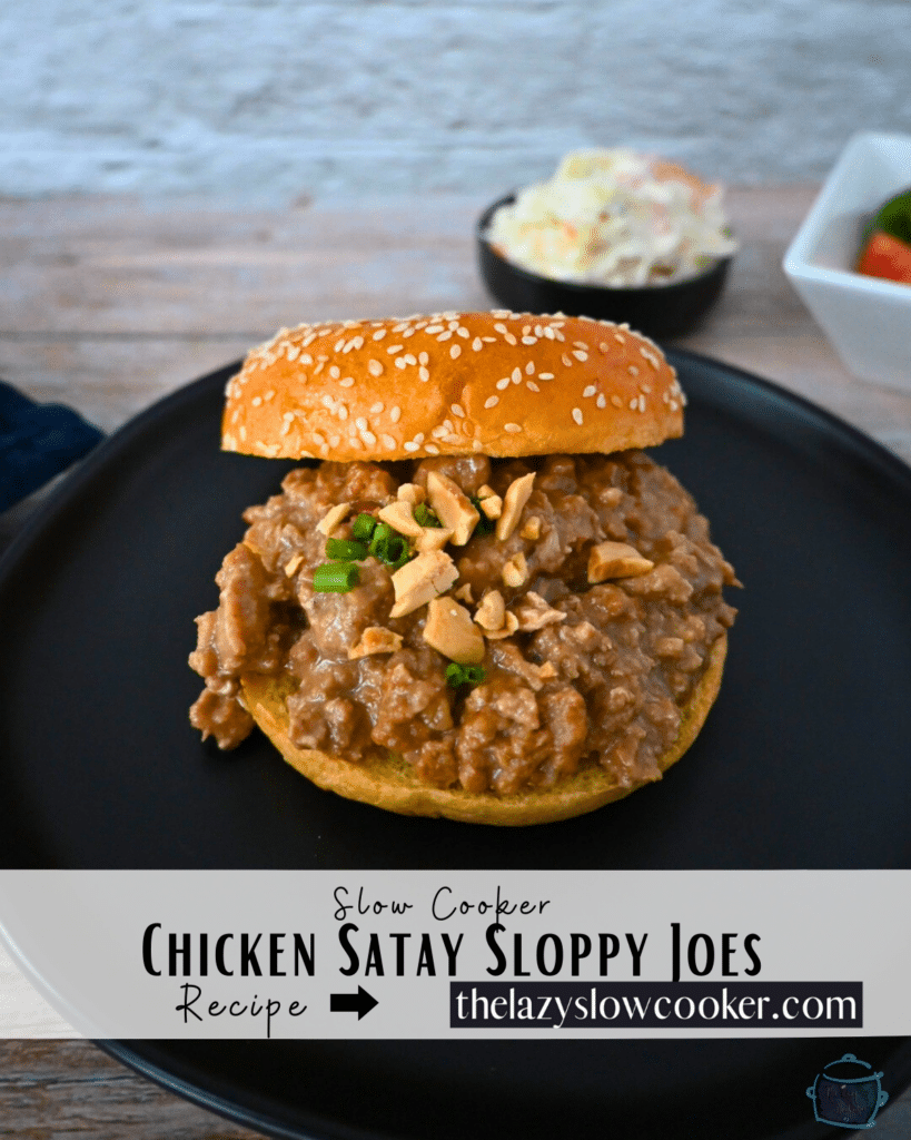 chicken satay sloppy joe on a sesame seed bun with coleslaw in the background