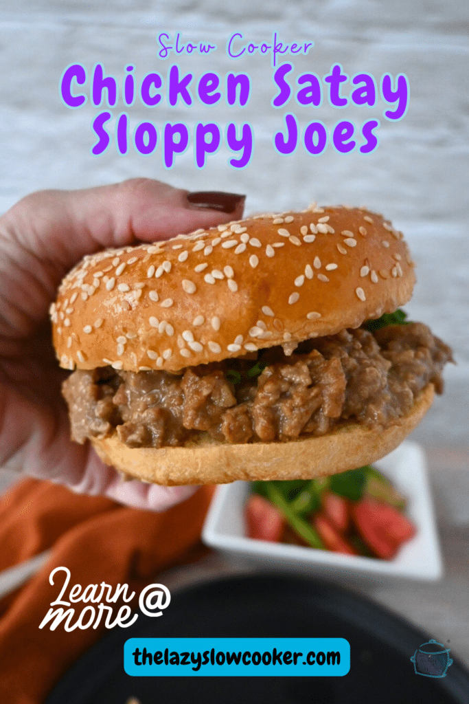chicken satay sloppy joe on a sesame seed bun held in a hand