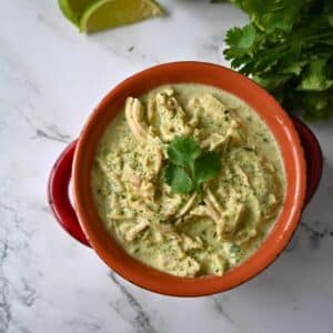 Slow cooker creamy cilantro chicken in a terracotta bowl topped with a fresh cilantro leaf.
