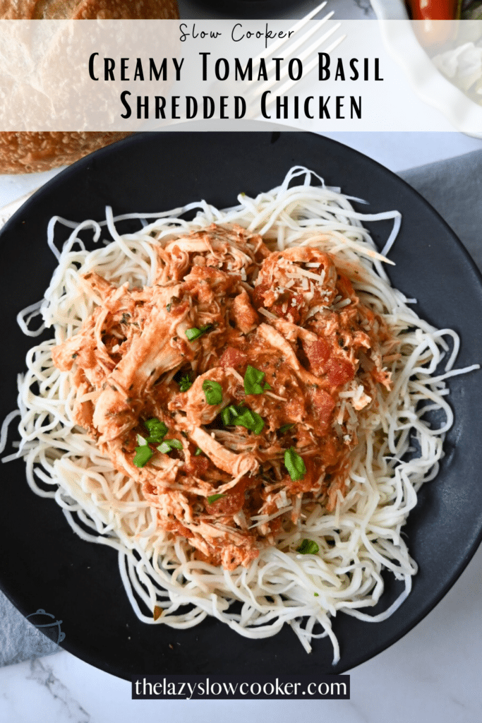 slow cooker tomato basil chicken on a bed of hearts of palm spaghetti