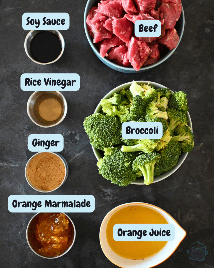 slow cooker orange beef and broccoli ingredients with lables