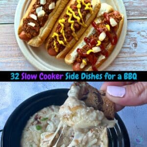 a photo of hot dogs topped with slow cooker hot dog chili and a photo of Slow cooker onion dip