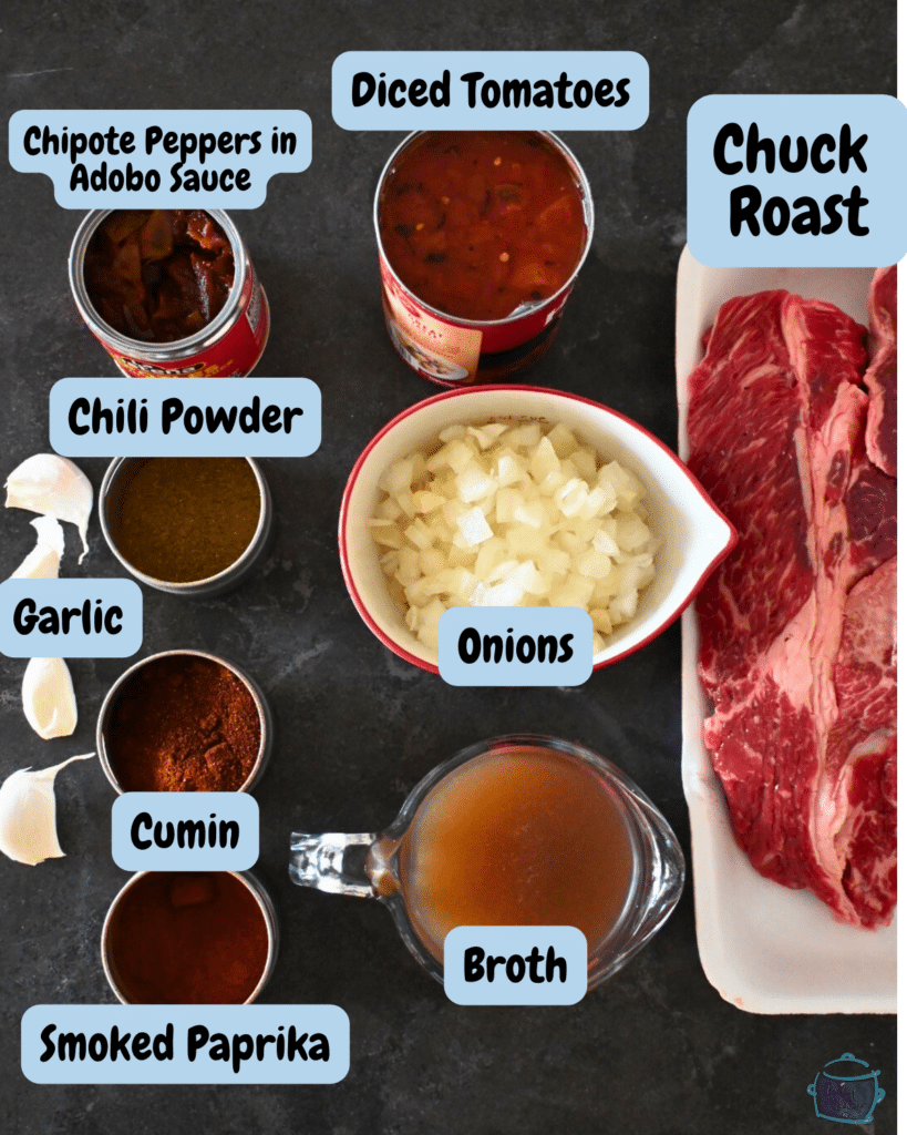 slow cooker chipotle shredded beef ingredients with labels