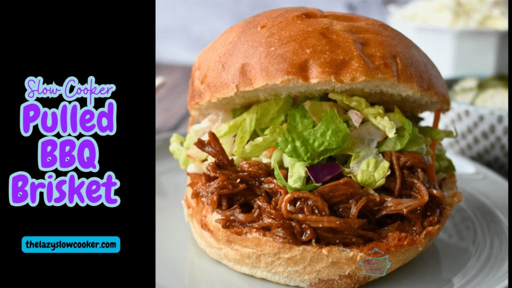 bbq brisket sandwich on a brioche bun with lettuce