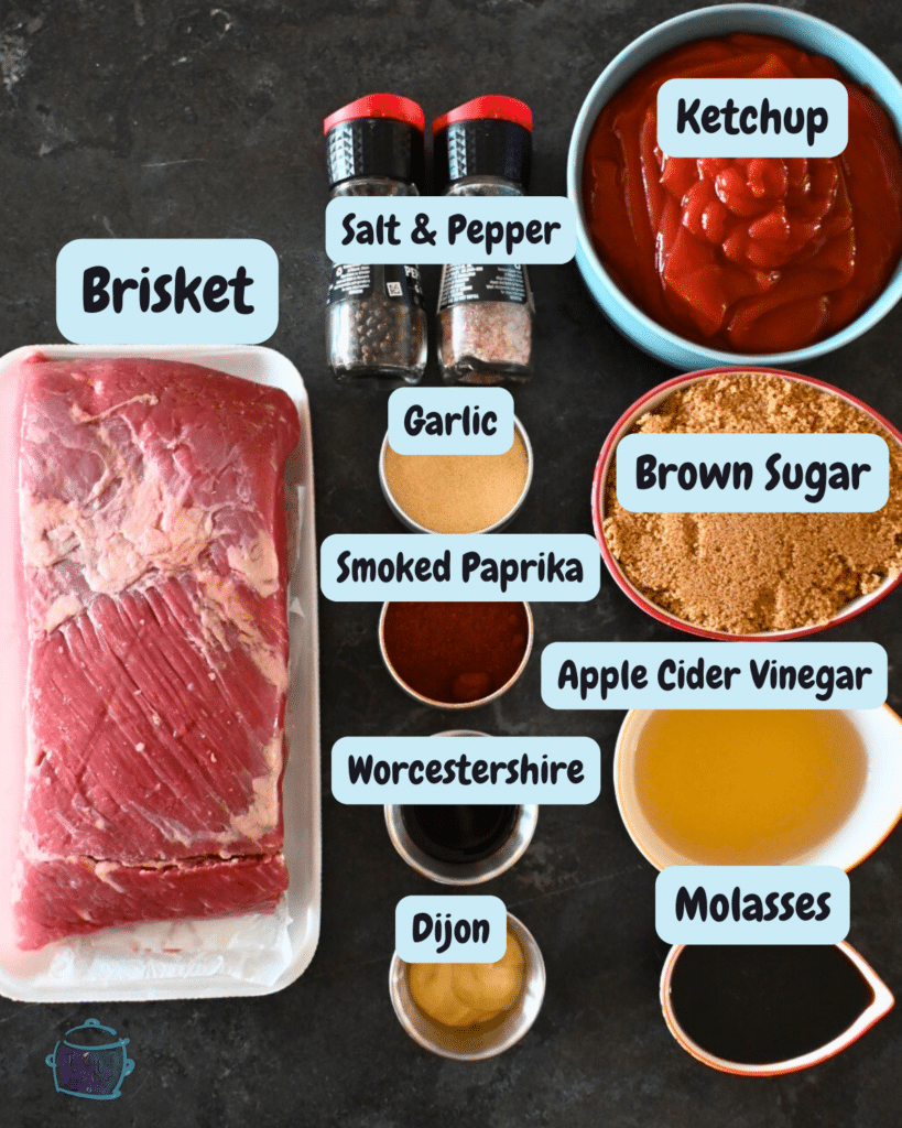 slow cooker pulled bbq brisket ingredients with labels.