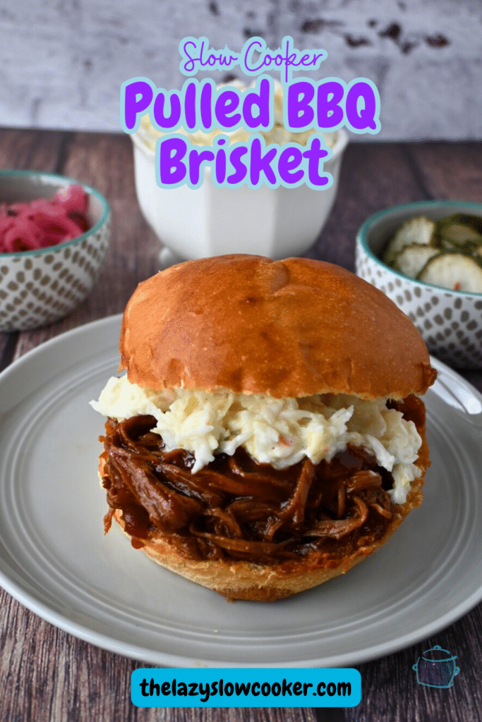 a shredded bbq brisket and coleslaw sandwich with pickles and salad side in the back