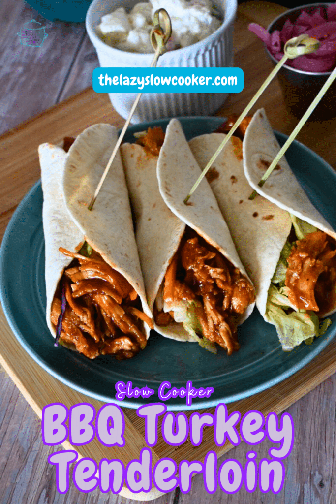 three wraps filled with bbq'd slow cooker turkey tenderloin.