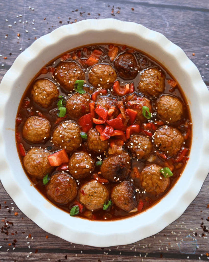 a large bowl filled with sweet chili slow cooker meatballs