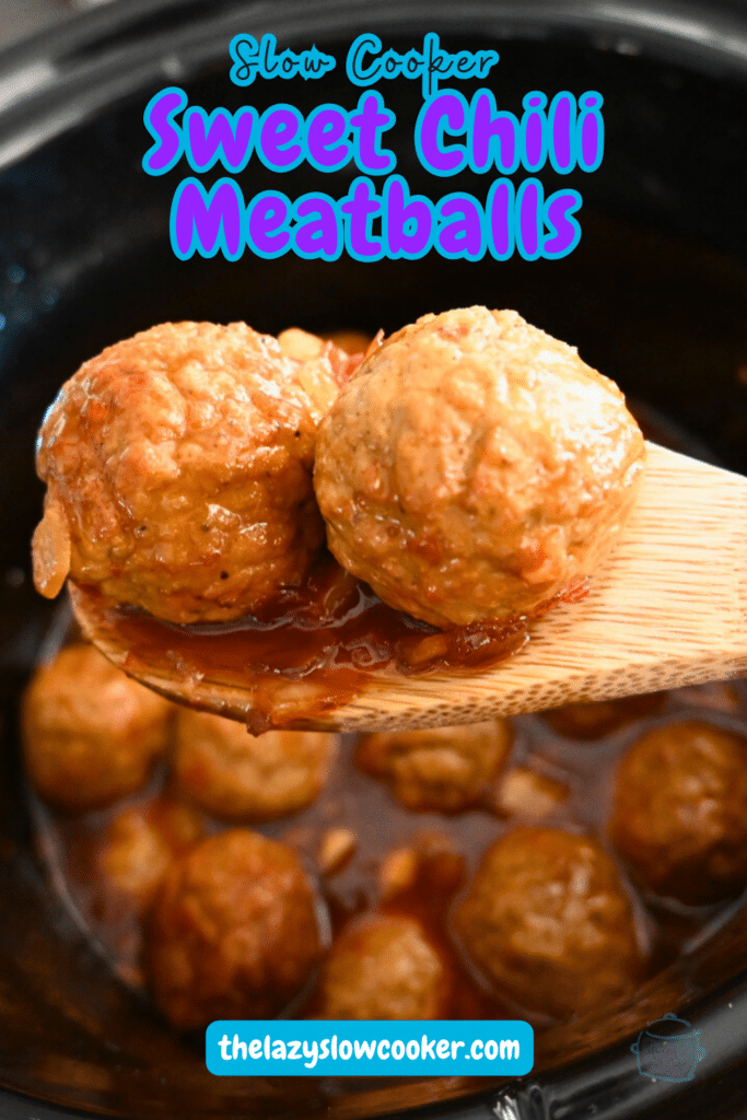 two slow cooked meatballs on a wooden spoon held over a crockpot full of the same