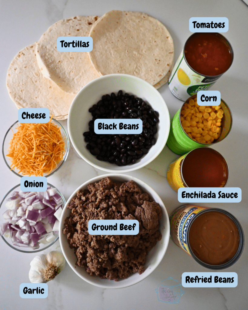 slow cooker tortilla lasagna ingredients with labels