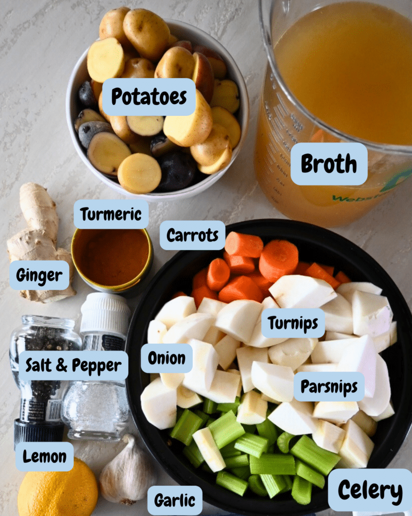 Root vegetable Ginger Tumeric slow cooker soup ingredients with lables