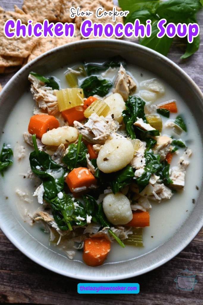 slow cooker chicken gnocchi soup in a round gray bowl