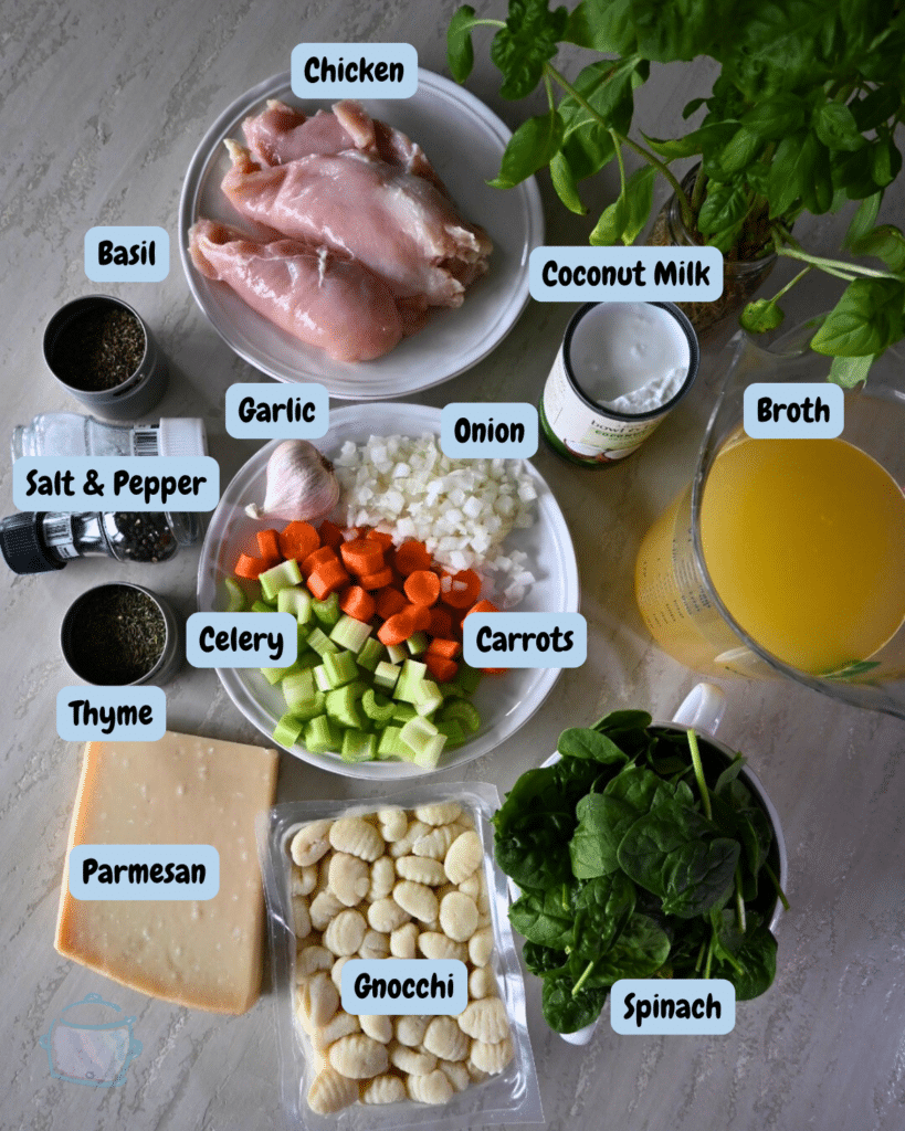 Creamy chicken gnocchi soup ingredients with labels