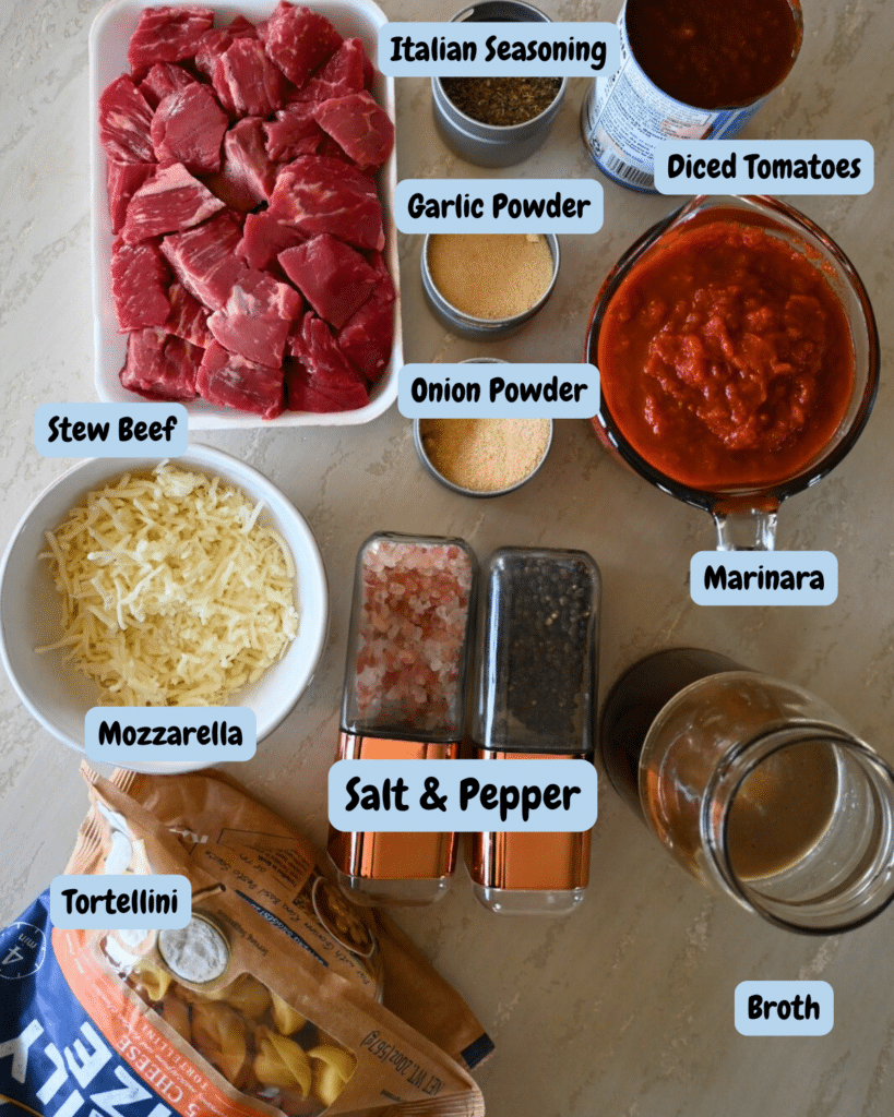 slow cooker chunky beef and tortellini ingredients with labels