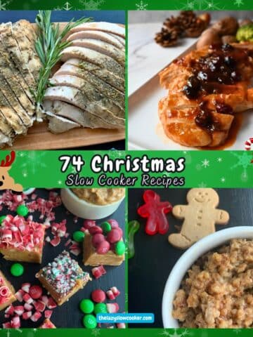 a collage of 4 Christmas related slow cooker recipes