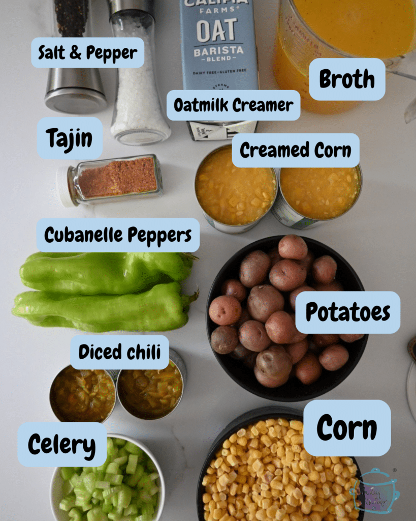 slow cooker pepper and corn chowder ingredients with labels