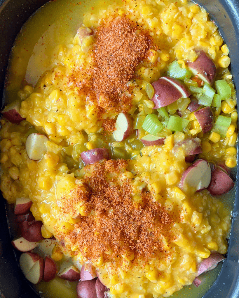 vegan corn chowder ingredients in a slow cooker