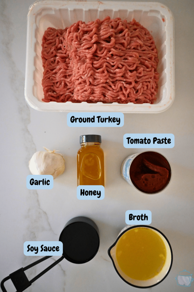 slow cooker honey garlic turkey sloppy Joes ingredients with labels