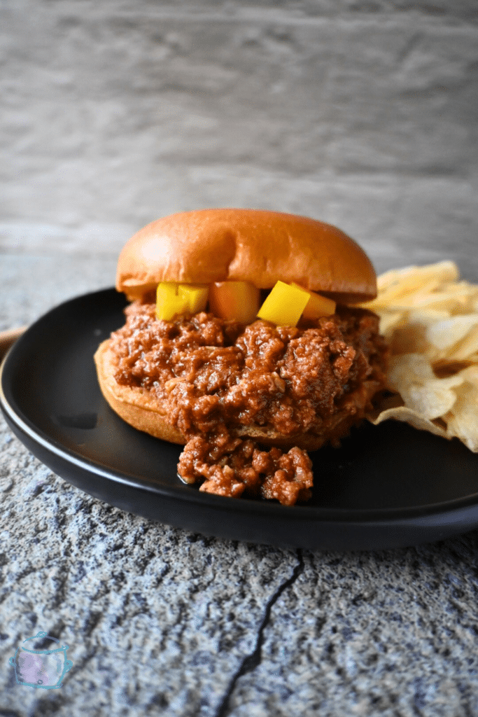 slow cooker honey garlic turkey sloppy Joe on a round brioche bun
