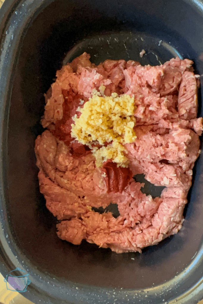 all honey garlic slow cooker sloppy Joes ingredients in a slow cooker before mixing and cooking