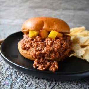 slow cooker honey garlic turkey sloppy Joe on a round brioche bun