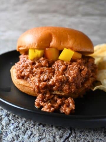 slow cooker honey garlic turkey sloppy Joe on a round brioche bun