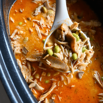 curry coconut chicken ramen on a ladle over a slow cooker full of the same.