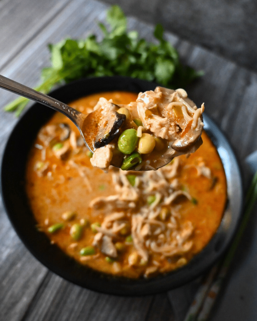 a black bowl filled with coconut Thai curry ramen with chicken