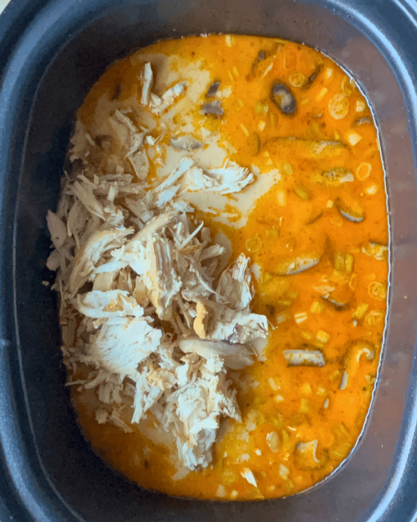 coconut curry ramen with shredded chicken added into slow cooker before stiring