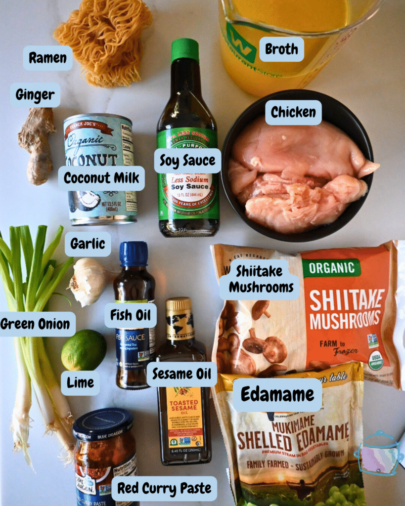 slow cooker coconut curry ramen with chicken ingredients with labels