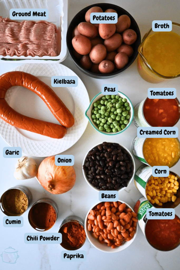 slow cooker Texas stew ingredients with labels