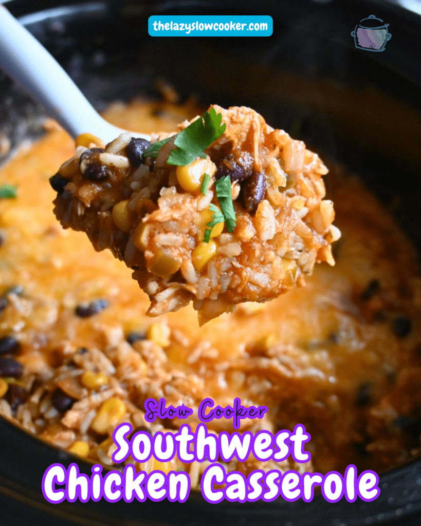 southwest chicken casserole on a spoon held over a slow cooker full of the same