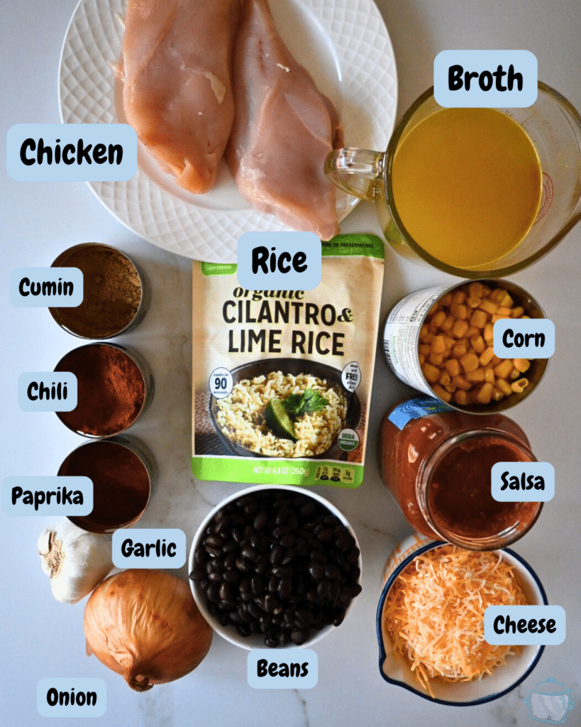 slow cooker southwest chicken casserole ingredients with labels