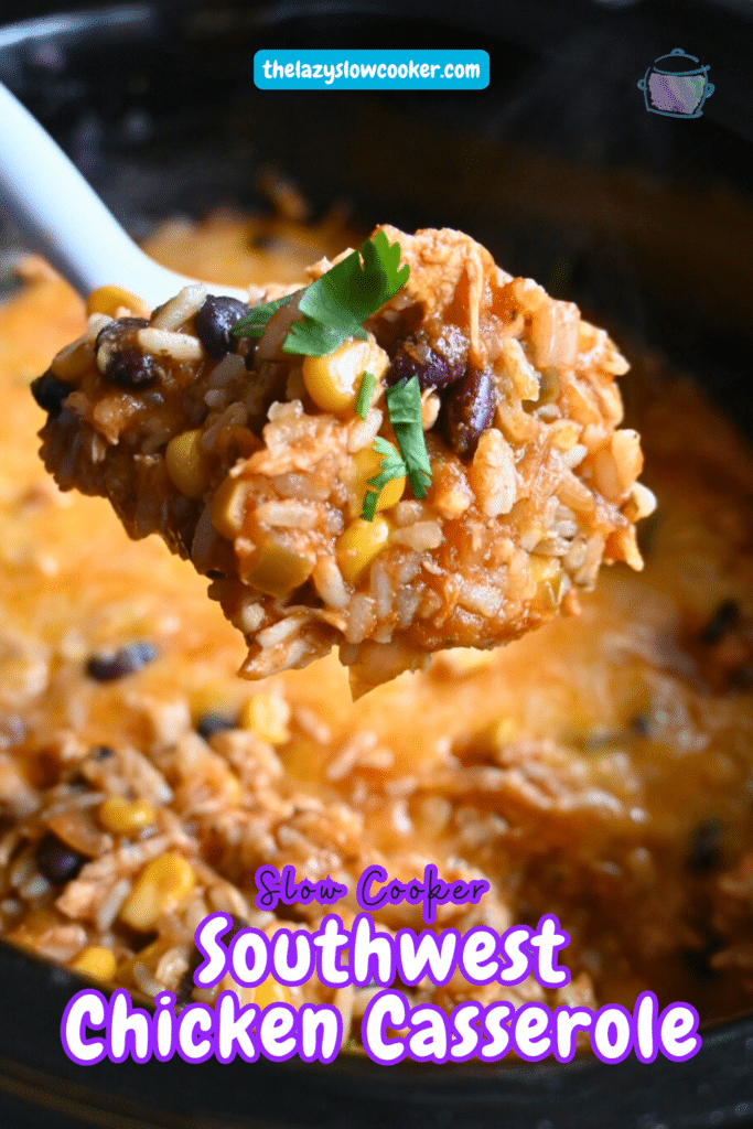 southwest chicken casserole on a spoon held over a slow cooker full of the same