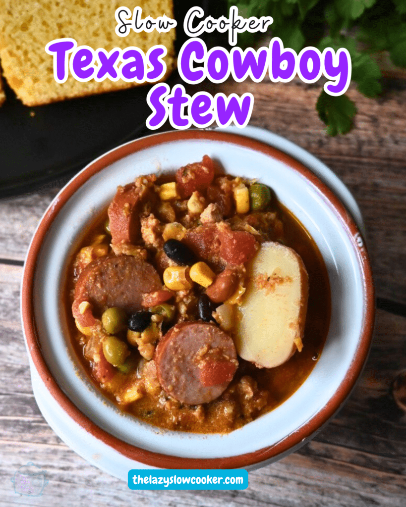 A small white bowl with slow cooker cowboy stew