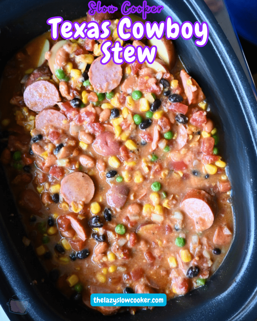 all Texas stew ingredients mixed together in a slow cooker before cooking.