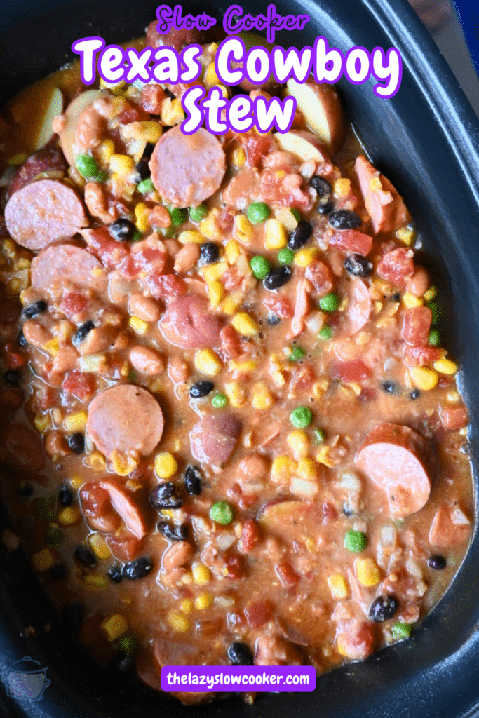 all Texas stew ingredients mixed together in a slow cooker before cooking.