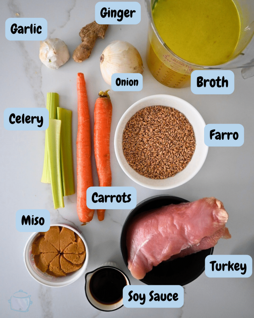 slow cooker turkey miso and farro soup ingredients with labels