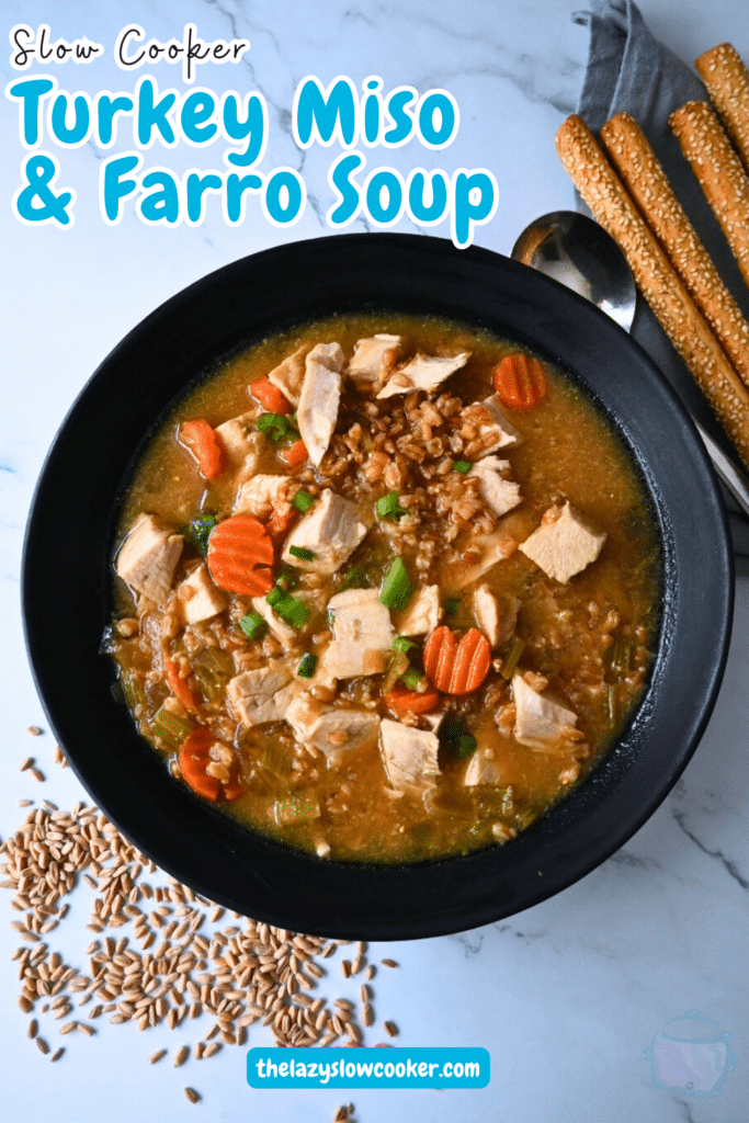 a black bowl filled with turkey farro miso soup