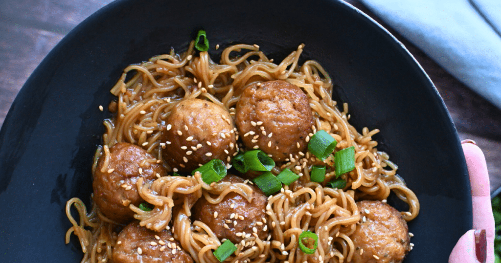 two different photos of ramen and meatballs made in a slow cooker