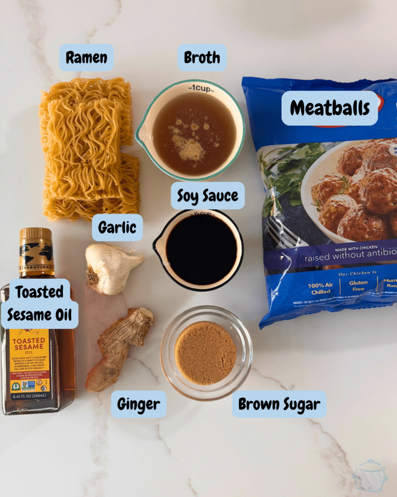 Mongolian meatballs ramen ingredients with lables