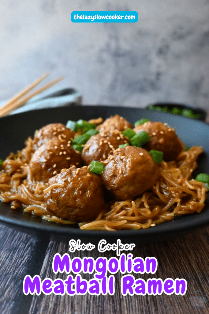 a bowl full of slow cooker meatballs and ramen with chopsticks