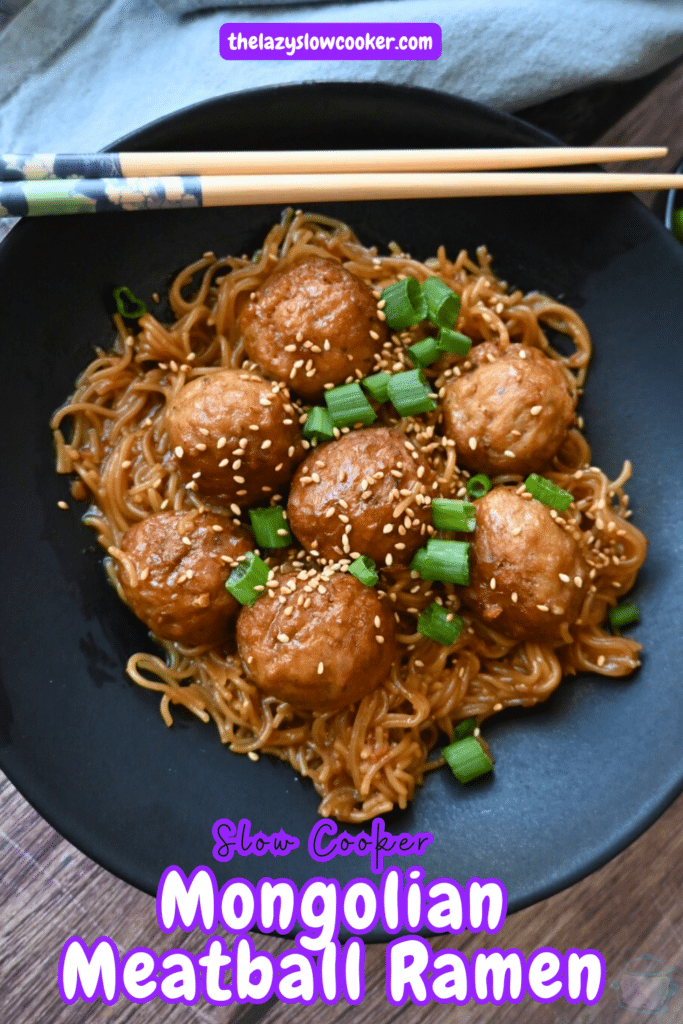 a bowl full of slow cooker meatballs and ramen with chopsticks