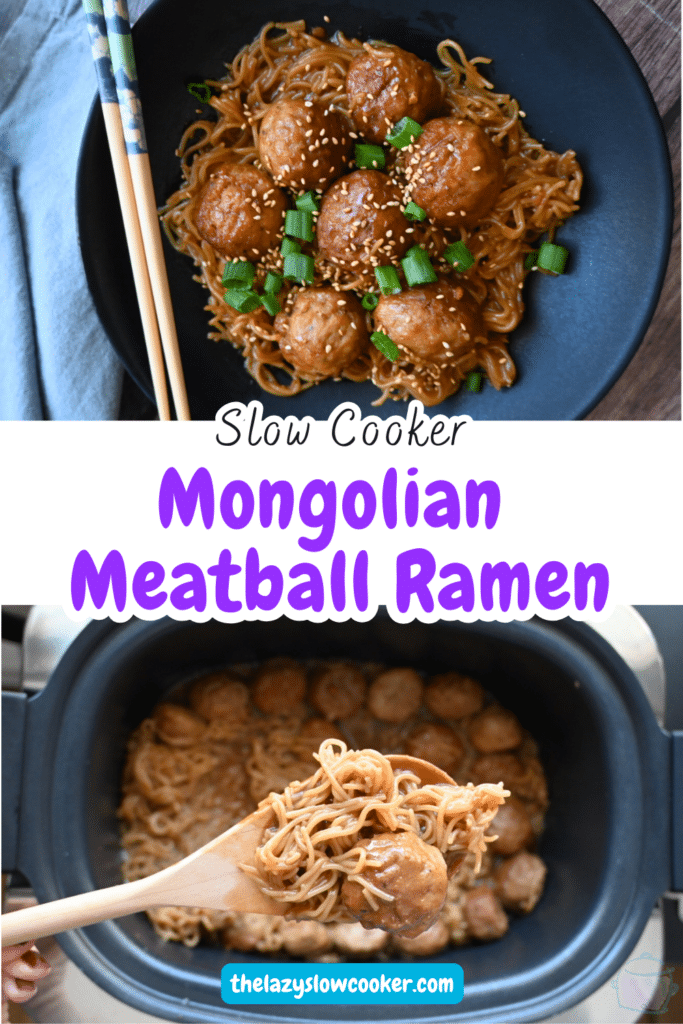 two different photos of ramen and meatballs made in a slow cooker